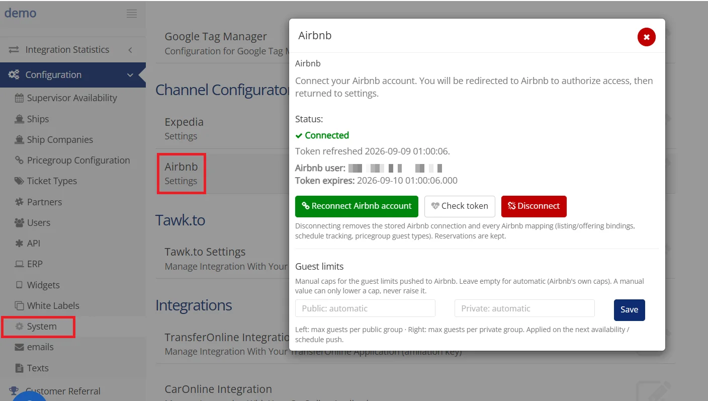 Airbnb connection settings in the Travelotopos admin panel showing a connected account