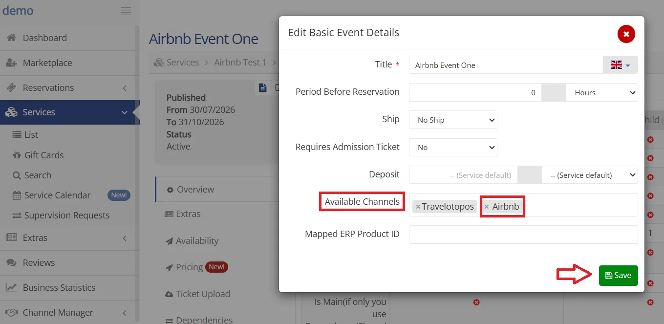 Edit Basic Event Details dialog with Travelotopos and Airbnb selected in the Available Channels field and the Save button highlighted