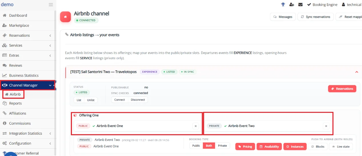 Airbnb channel screen in Channel Manager, mapping an Airbnb listing's public and private offerings to Travelotopos events